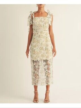 Arose Studio Medium NWT Sage Floral Ruched Midi Dress Romantic $158 Cottagecore